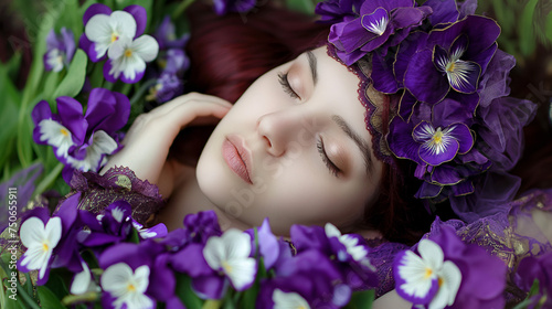 Portrait of a Beautiful Woman Sleeping with Flowers