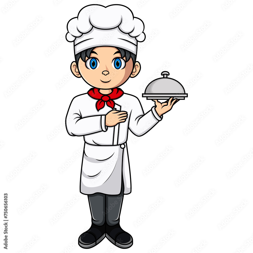 Cartoon little boy chef holding a silver tray Cartoon little boy chef holding a silver tray