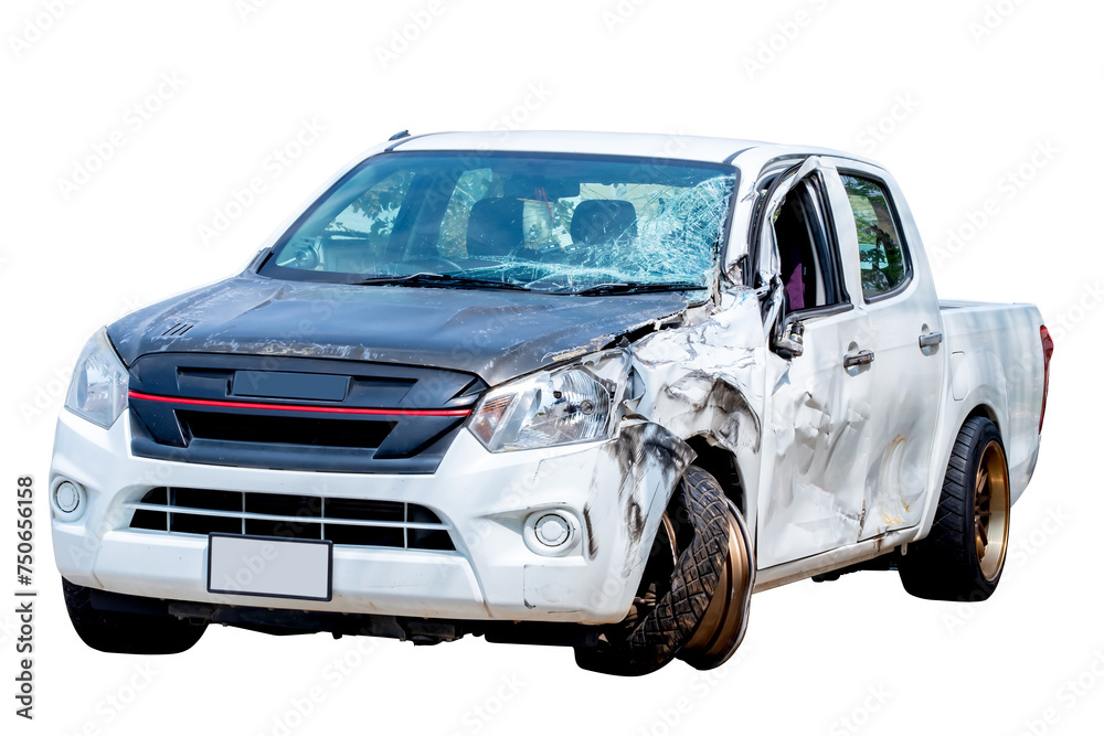 Car crash, Front and Side view of white pickup car get hard damaged by accident on the road. damaged cars after collision. isolated on transparent background, PNG File Car crash, Front and Side view of white pickup car get hard damaged by accident on the road. damaged cars after collision. isolated on transparent background, PNG File