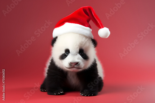 Baby Panda in a Christmas Hat on a Cozy Red Background – Perfect for a Merry Holiday Vibe