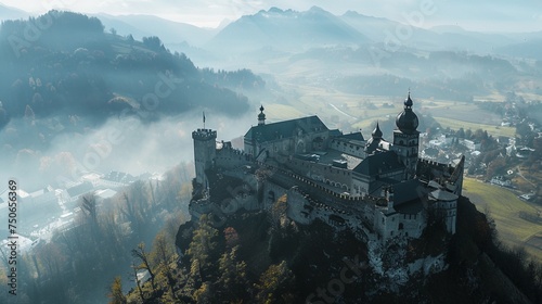 Delve into the historical charm of Freyschloessl Fortress, where the drone's lens captures its imposing silhouette against the dramatic Austrian landscape