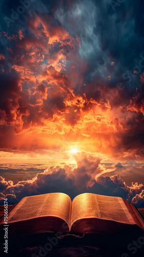 Heavenly light shining on open holy book sunset and clouds merging into a symbol of eternal peace