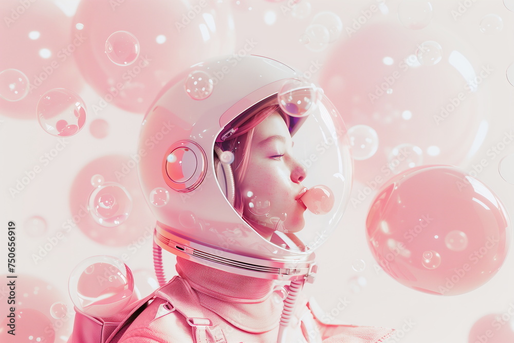 An astronaut girl among bubbles on a simple light pink background. The concept of a banner for Cosmonautics Day with copy space. 3D style