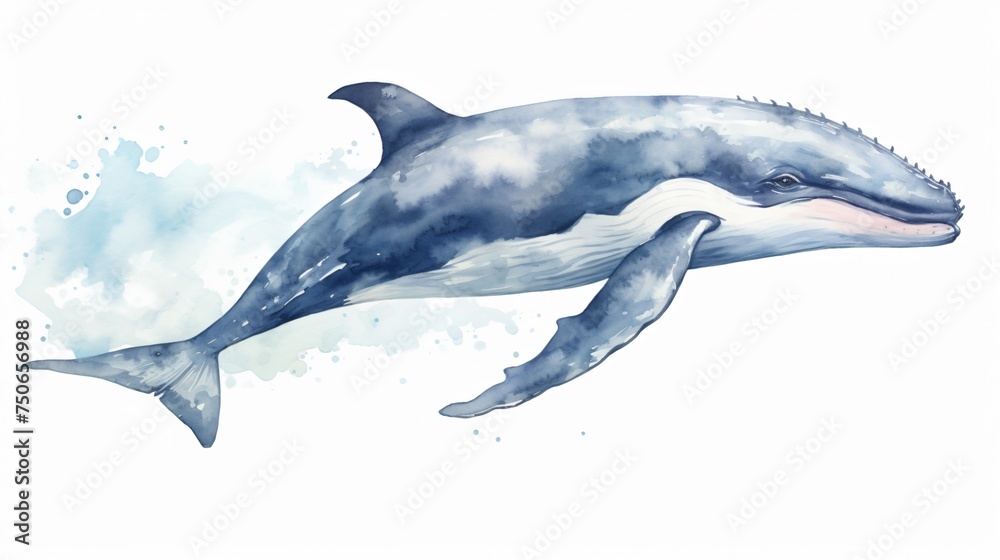 Watercolor painting of a gentle whale with a tender expression floating serenely in the ocean on a white background