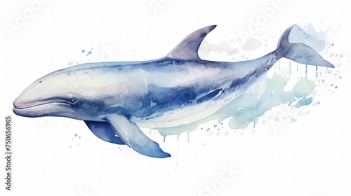 Watercolor painting of a gentle whale with a tender expression floating serenely in the ocean on a white background © Sara_P