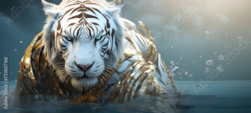 water The white tiger wears armor shaped wallpaper design abstract organic colorful background 20:9, ai generative photo