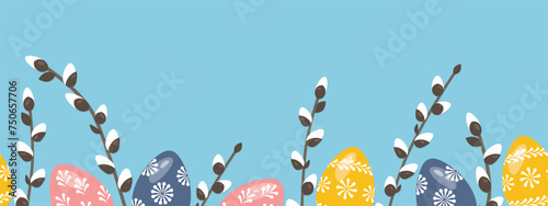 easter banner with pussy willow twigs and eggs- vector illustration
