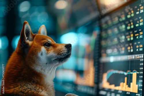 Shiba inu looking at Cryptocurrency charts, Dogecoin, bitcoin and Crypto investments, Doge, trending coins concept