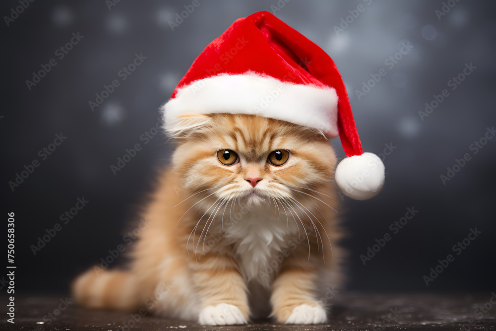 Christmas-Ready Cat in Santa Hats, Isolated on Vibrant Red Background. Christmas-Ready Cat in Santa Hats, Isolated on Vibrant Red Background.