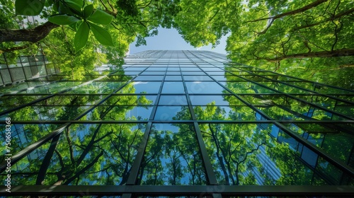 Reflecting greenery, a corporate glass building symbolizes ESG principles, advocating sustainability integration into business practices. © aiforlife