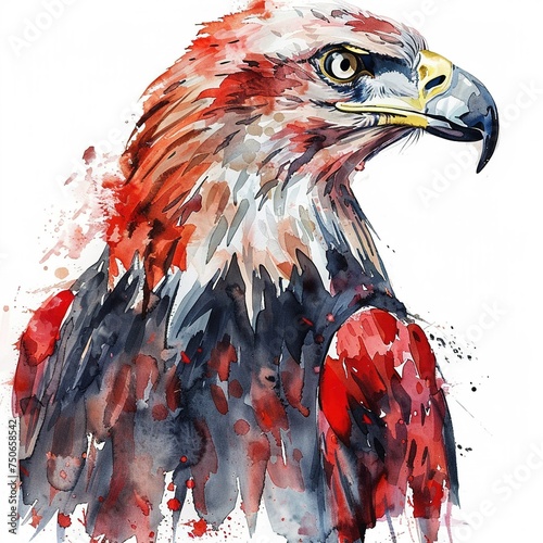 A wild eagle with a powerful beak soars through a clear sky, wings spread wide, carrying an American flag in its talons