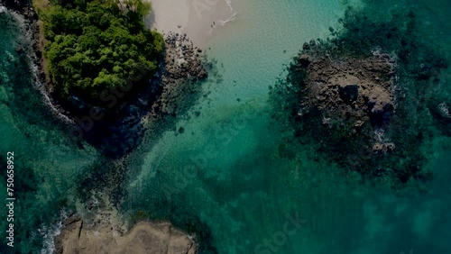 Birds eye view flying over beach island, Coiba National Park, panama, central America - stock video