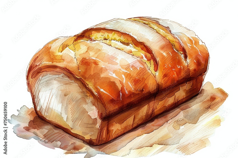 Classic Watercolor Loaf Bread: Artistic Whole Wheat Illustration