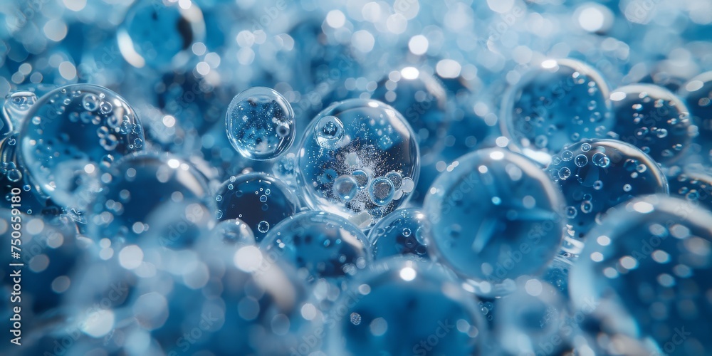 Close-Up of Translucent Bubbles Floating in a Delicate and Pure Blue Environment, Generative AI Close-Up of Translucent Bubbles Floating in a Delicate and Pure Blue Environment, Generative AI