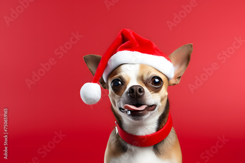 Baby dog in Christmas gear on a red background. © ShadowHero