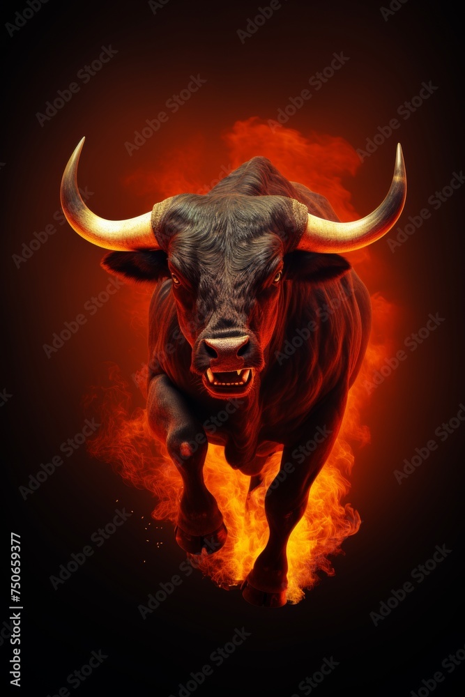 Galloping angry Red Bull animal rodeo concept, bullish run, fire vertical background, for design