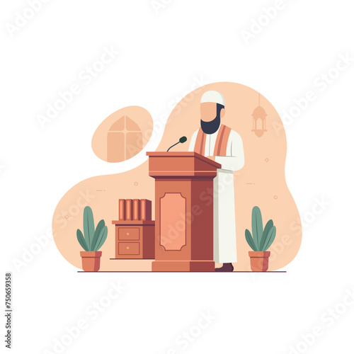 Imam Muslim giving a talk speech standing behind rostrum podium. Islamic concept vector illustration