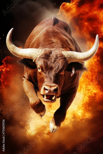 Galloping angry Red Bull animal rodeo concept, bullish run, fire vertical background, for design