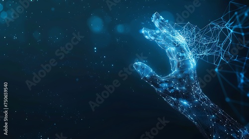 Digital hand hologram on dark background with copy space. Neural network connection.