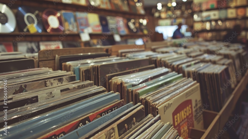 A warm, nostalgic scene inside a vintage record store, showcasing rows of vinyl records with a bokeh of album art in the background.