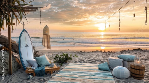 A tranquil beach setting during sunset with a surfboard propped up, comfortable cushions, and hanging lanterns, creating a perfect surf evening ambiance. © doraclub