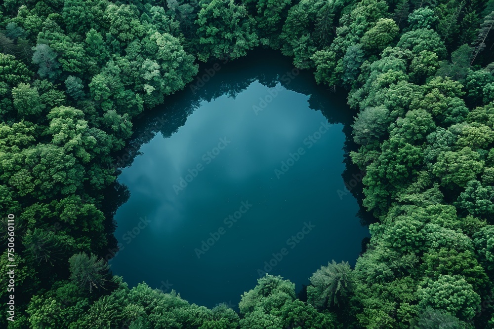 A stunning aerial view of a verdant forest surrounding a pristine lake