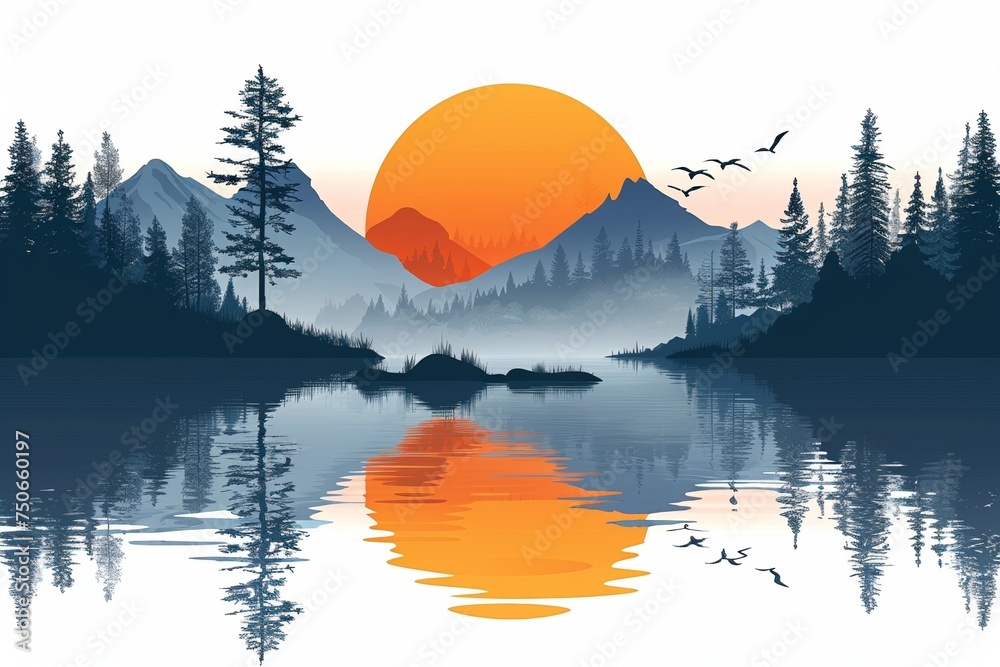 Obraz premium A serene landscape with a tranquil lake, majestic mountains, and a vibrant sunrise over the horizon.