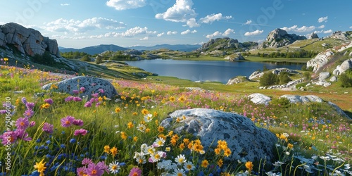 An awe-inspiring alpine landscape with a serene lake, majestic mountains, and colorful wildflowers in bloom. photo