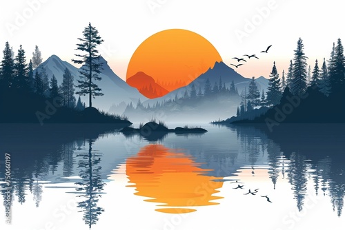 A serene landscape with a tranquil lake, majestic mountains, and a vibrant sunrise over the horizon.