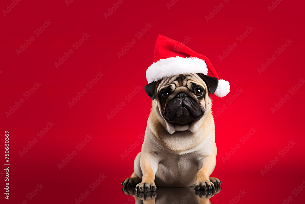 Festive puppy in Christmas hats, isolated on a vibrant background.
