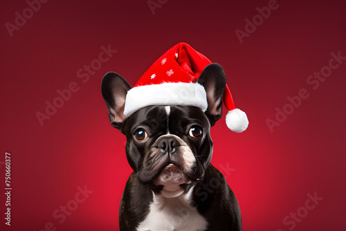 Festive puppy in Christmas hats, isolated on a vibrant background. © ShadowHero