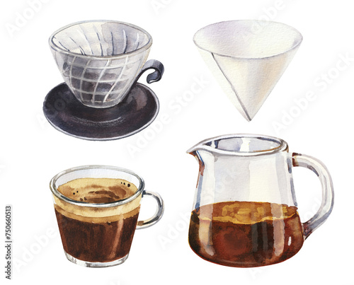 Hand painted watercolor set with specialty coffee drinks for cafe menu Hand drawn watercolor batch brew, espresso tonic and cold brew coffee isolated on white background
