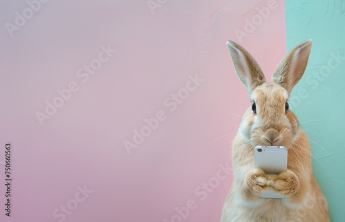  Easter bunny texting on smartphone on pastel background