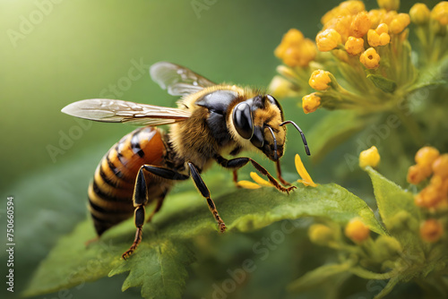 A close-up image showcasing a honeybee in its natural habitat against a yellow-colored flower and leaf background.