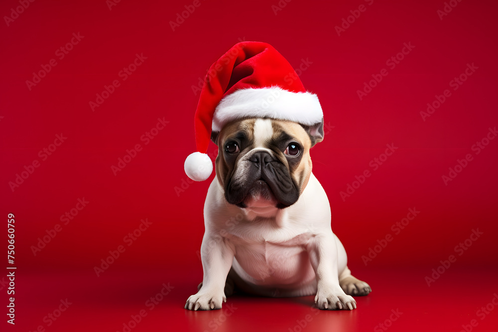 Dog in Christmas hat on festive red background. Dog in Christmas hat on festive red background.