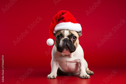 Dog in Christmas hat on festive red background. © ShadowHero