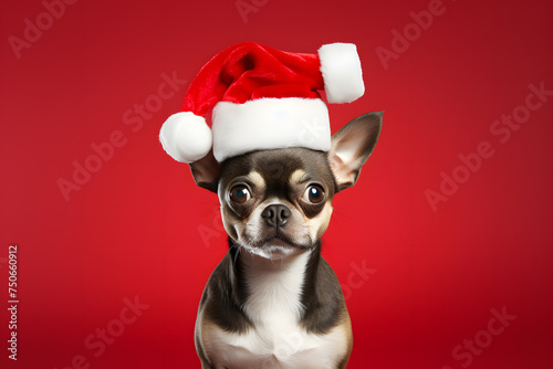 Dog in Christmas hat on festive red background. © ShadowHero