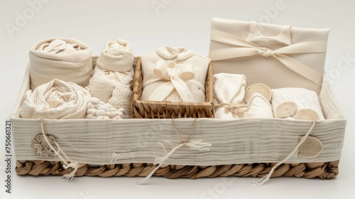 Gift basket with gender neutral baby clothes and accessories in plain white photo