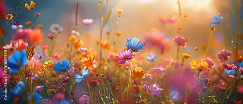 Wildflowers swaying in a gentle breeze, colorful meadow, spring joy