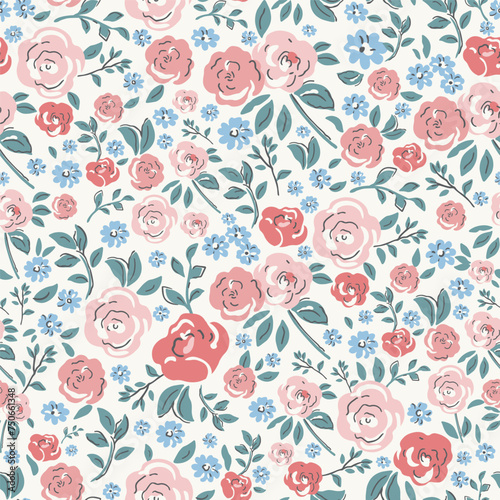 Delicate watercolor seamless pattern depicting pink, red and blue wildflowers on a light background.