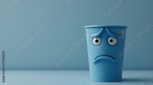 Sad face on blue cup isolated on blue background photo