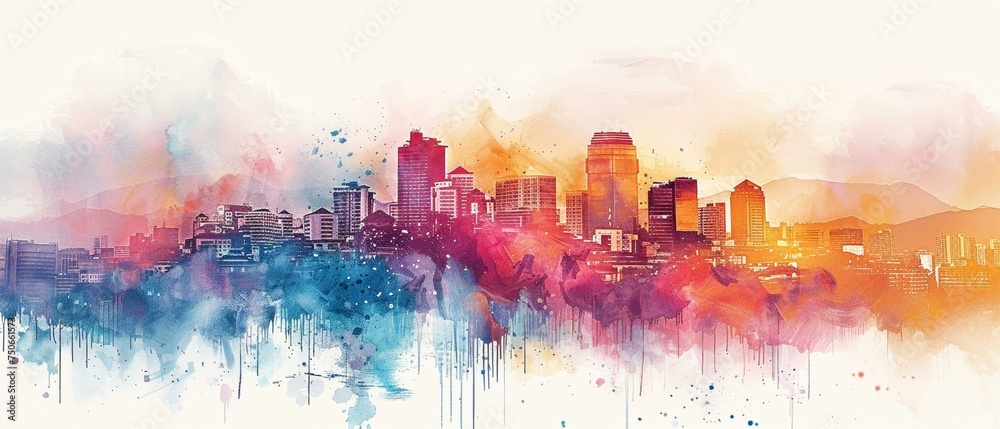 Watercolor cityscape, abstract interpretation, colorful buildings melting into the sky - obrazy, fototapety, plakaty 