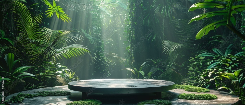 Single glass podium in a rainforest environment, lush greenery, natural backdrop
