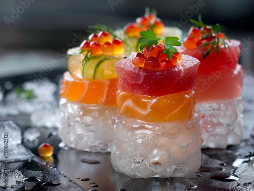 Close-up of artistic sushi arrangements topped with bright caviar and parsley, on a glistening bed of ice