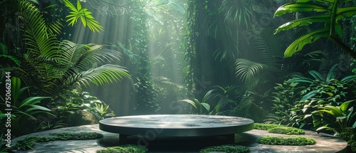 Single glass podium in a rainforest environment, lush greenery, natural backdrop © Seksan