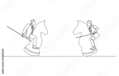 Continuous one line drawing of businessman with sword riding knight chess ready to fight opponent, business competition concept, single line art.