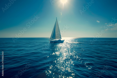 The tranquil beauty of a sailboat sailing under the bright sunlight, capturing the spirit of high-end summer escapades and active life in the open sea --