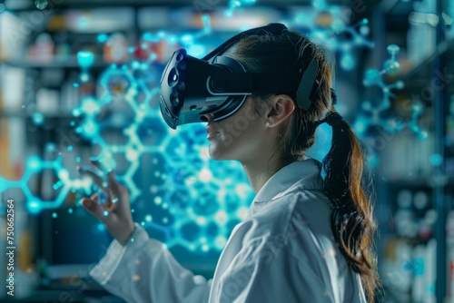 Scientist wearing VR headset, exploring a virtual chemical structure