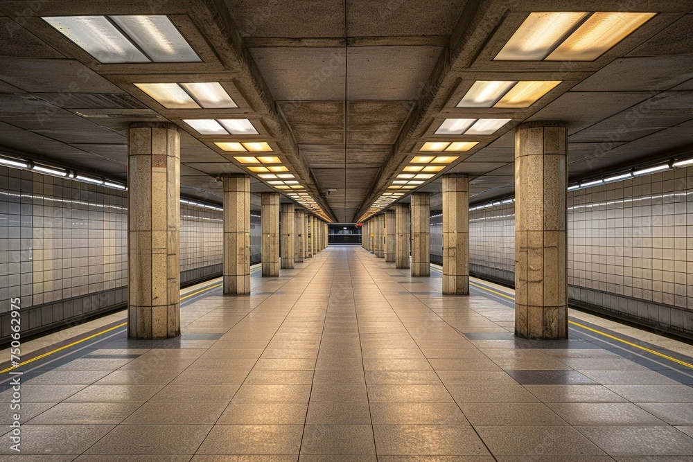 Podium in an empty subway station, urban isolation, stylish and modern