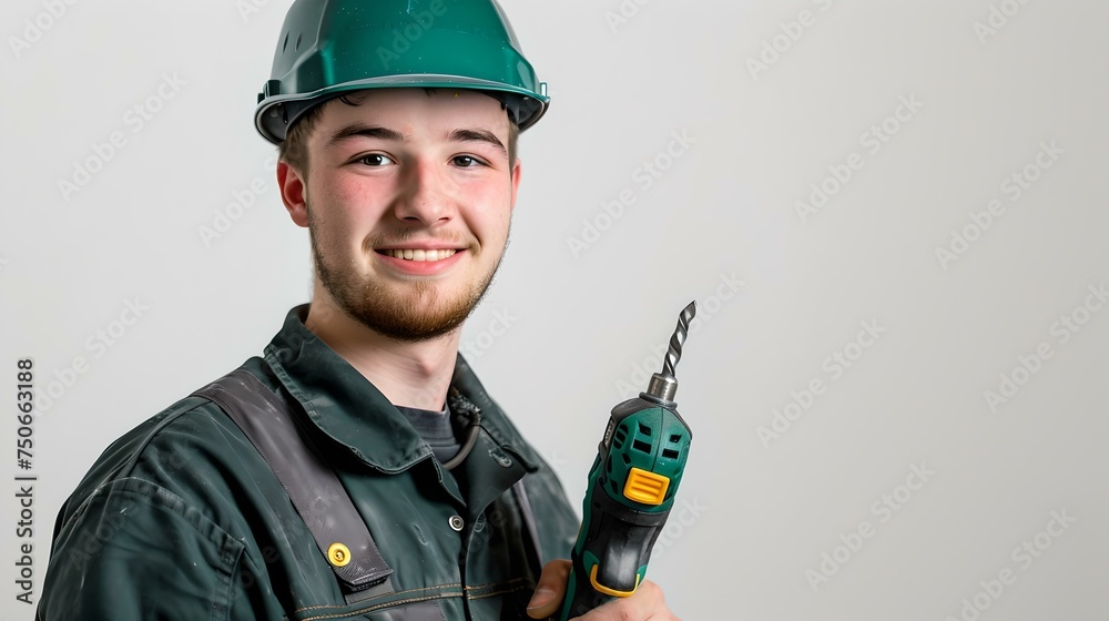 Smiling young worker in hard hat holding drill. professional in uniform ready for job. construction industry portrait. studio shot with copy space. AI Smiling young worker in hard hat holding drill. professional in uniform ready for job. construction industry portrait. studio shot with copy space. AI